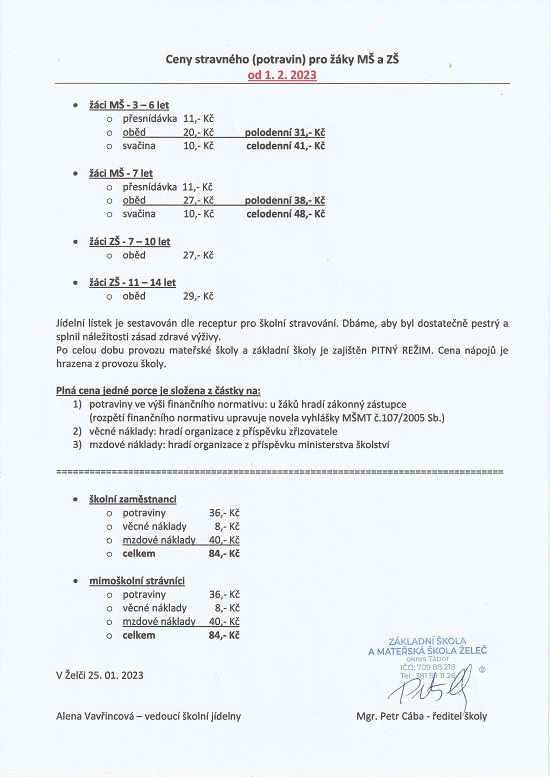 Ceny stravného od 1.2.2023